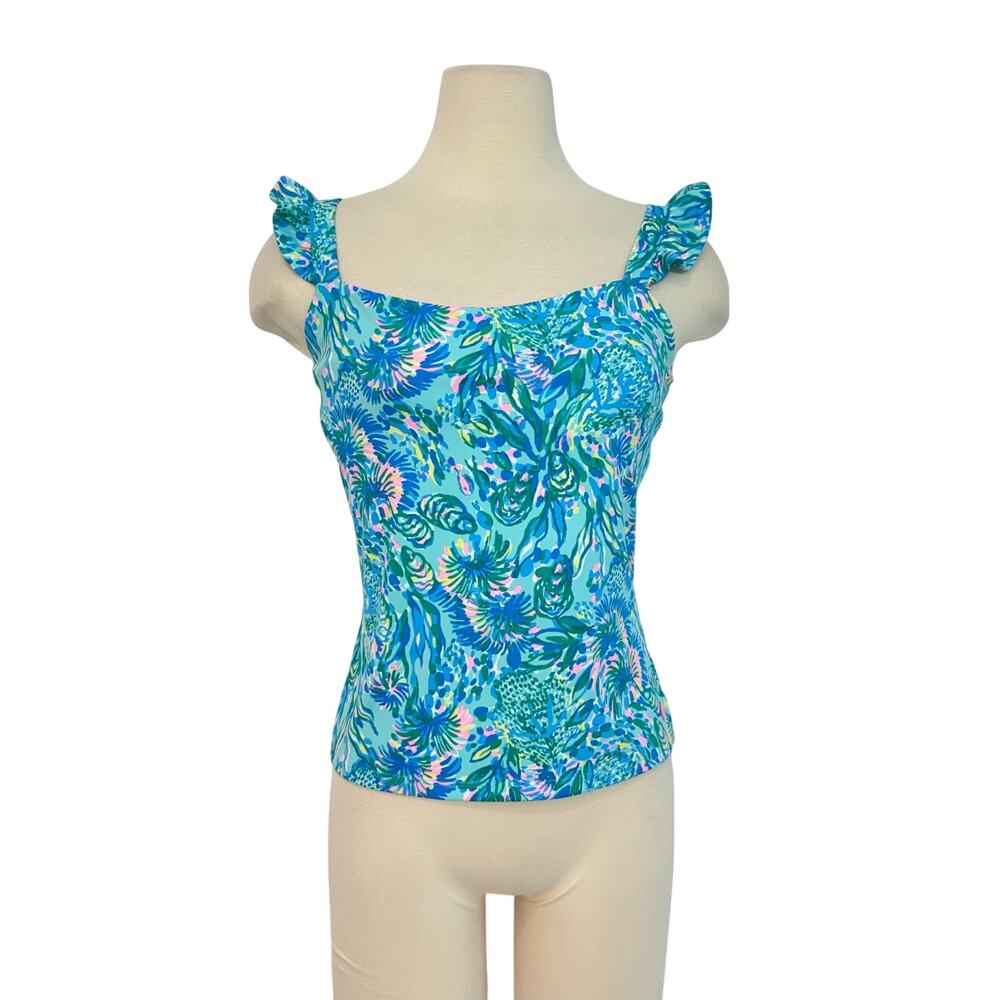 Lilly Pulitzer Luxletic Maribo Bra Tank S Top Surf Blue Coral of the Story UPF50